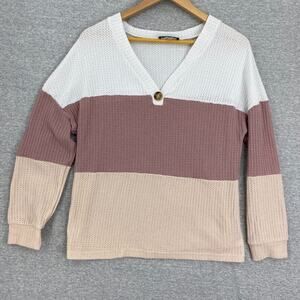 Coeur de Vague Sweater Womens Large Color Block Top Long Sleeve V Neck Button